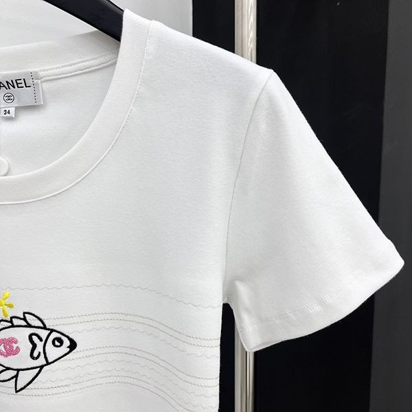 ☆超人気☆シャネル 半袖 Tシャツ コピー刺繍☆黒 白 sho88422